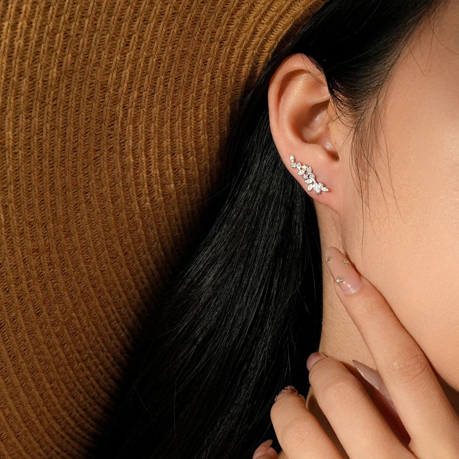 Boucle d'Oreille Grimpante Argent Feuille