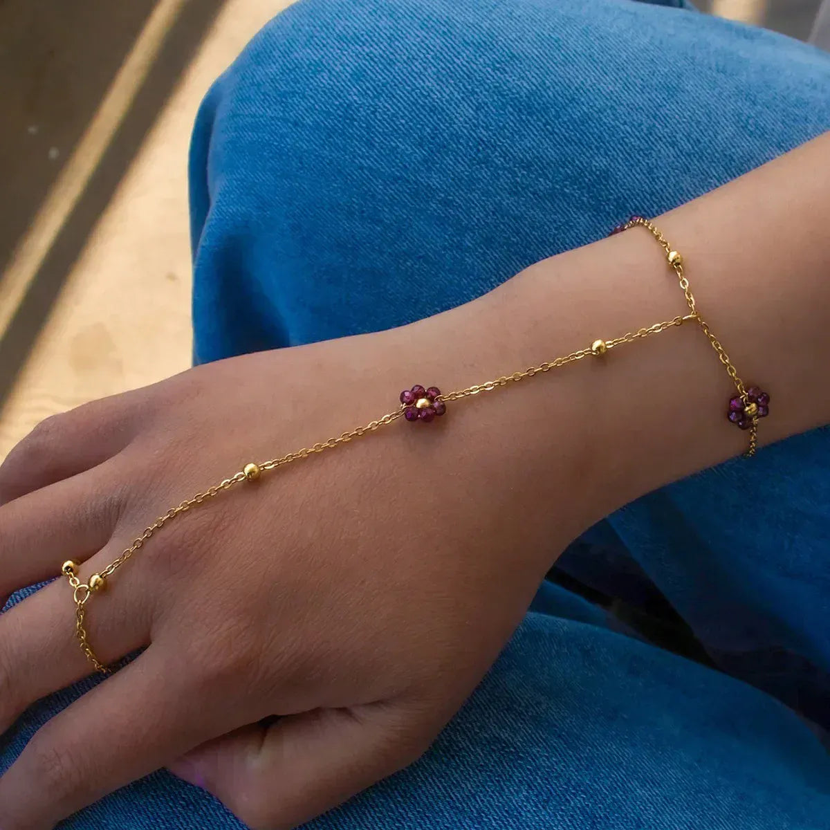 Bracelet Bague Chaine Main Fleurs