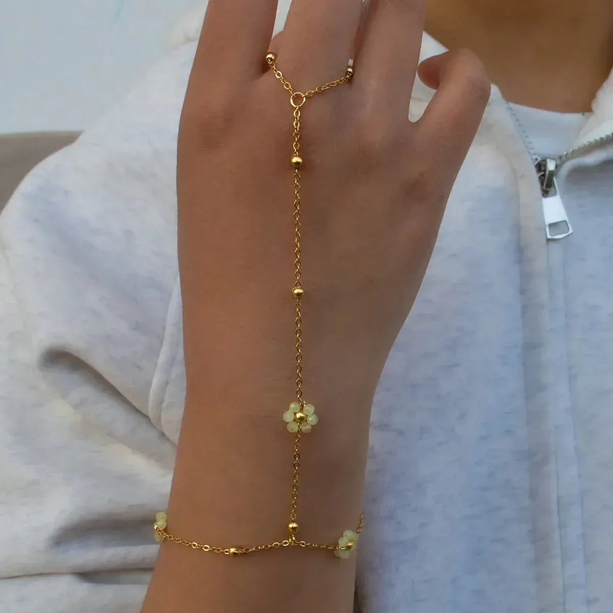 Bracelet Bague Chaine Main Fleurs