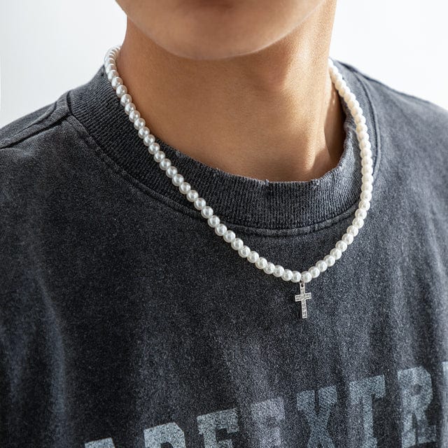 Collier homme perle croix