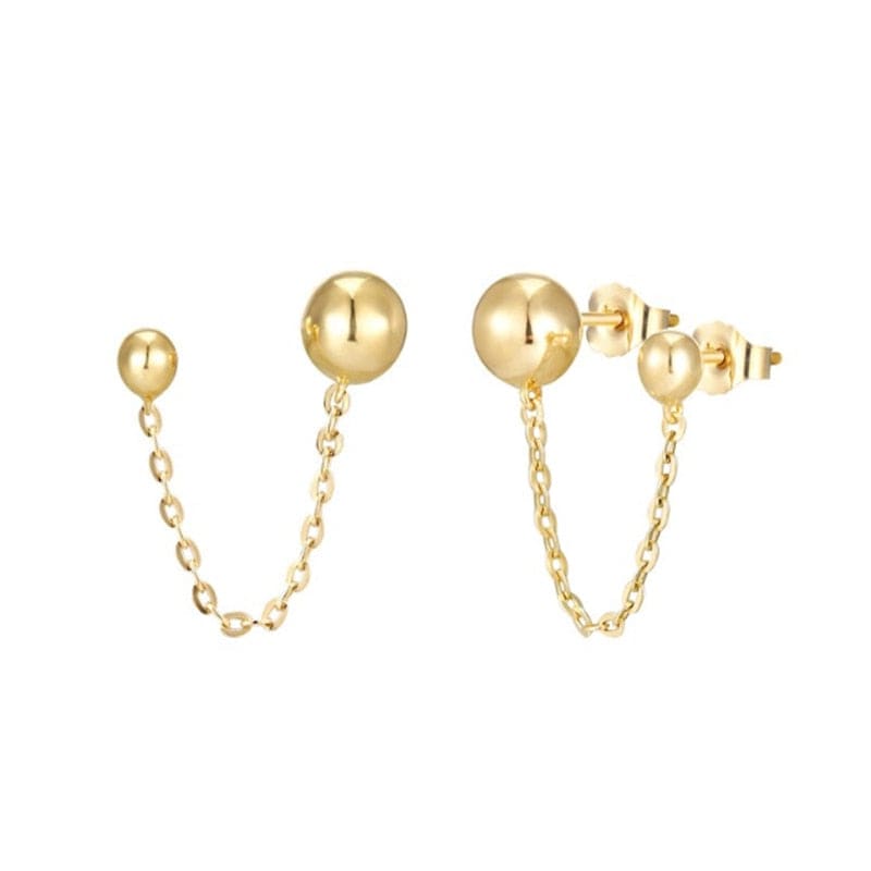 Boucle d'oreille chaine 2 trous boule dorée