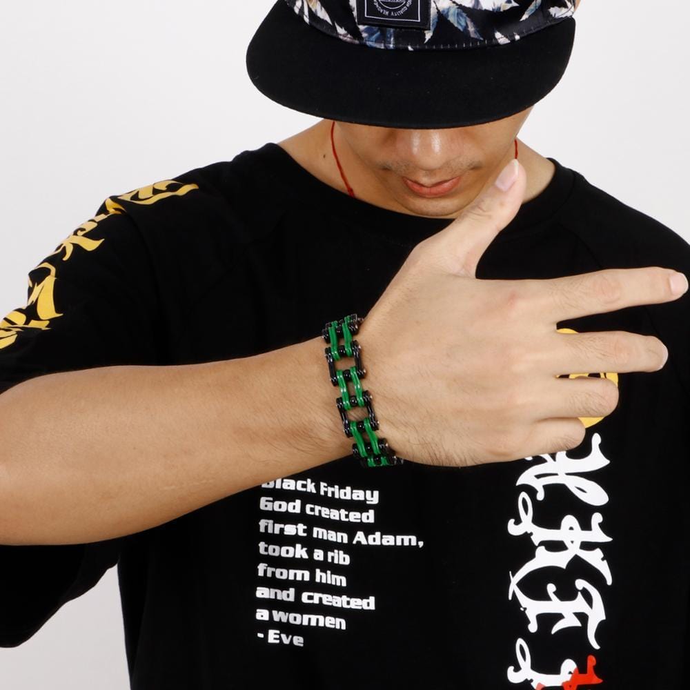 Bracelet Chaîne de Moto Vert en Acier