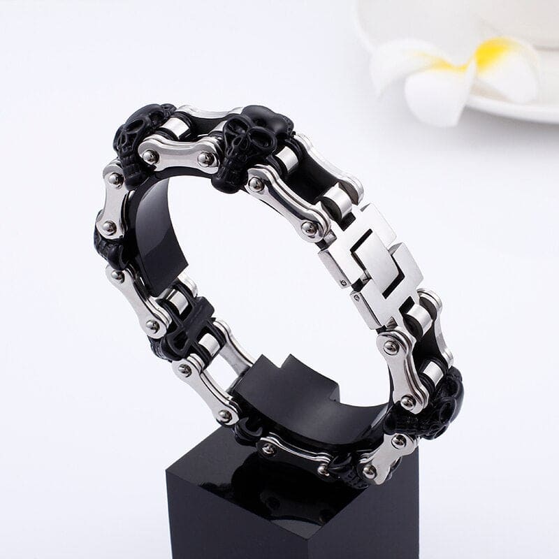 Bracelet chaine moto tete de mort noir