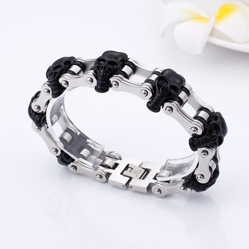 Bracelet chaine moto tete de mort noir